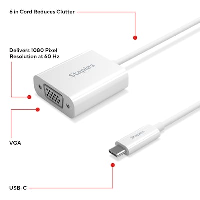 Staples TECH USB-C to VGA Audio/Video Adapter, Male to Female, White (ST62367)