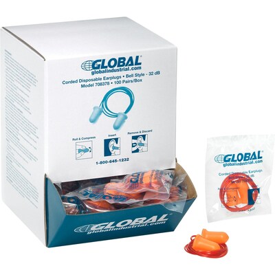 Global Industrial Bell Earplugs, Contour, Corded, NRR 32 dB, 100 Pairs/Box (708378)