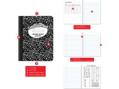 Better Office 1-Subject Composition Notebooks, 7.5" x 9.75", Wide Ruled, 100 Sheets, Black, 12/Pack (25112-12PK)