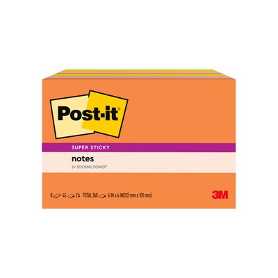 Post-it Super Sticky Notes, 4 x 6, Energy Boost Collection, 45 Sheet/Pad, 8 Pads/Pack (6445SSP)