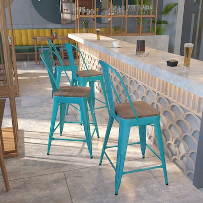 Flash Furniture Blake Contemporary Metal Vertical Back Counter Height Stool, Crystal Teal-Blue, 4-Pieces/Pack (4ET353424CBW)