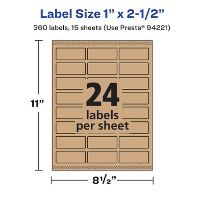 Avery Laser/Inkjet Multipurpose Labels, 1" x 2.5", Kraft Brown, 24 Labels/Sheet, 15 Sheets/Pack (94221-KMP15)