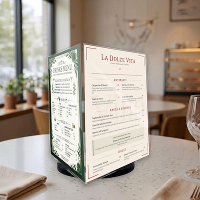 Azar Letter 8.5" x 11" 3-Sided Rotating Menu Sign Holder, Desktop/Countertop, Top Loading, Clear, Acrylic (193732-BLK)
