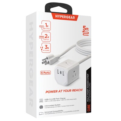 HyperGear CUBE 5-ft. Multi-Port Power Strip Extension Cord, 6-Outlet, 10 AWG, White (15706)
