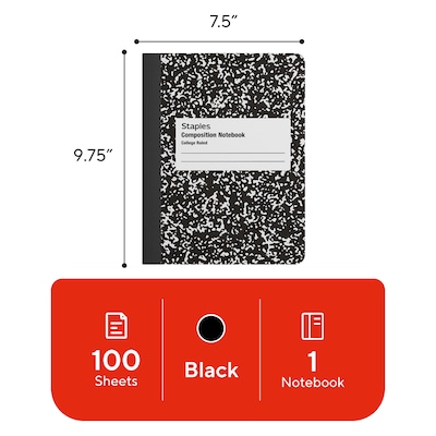 STAPLES Composition Notebook, 7.5” x 9.75”, Graph Ruled, 80 Sheets, Black/White