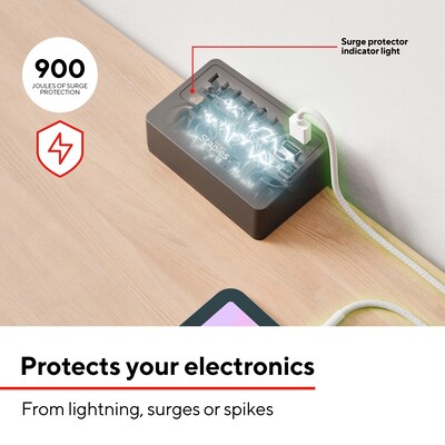 Staples TECH 3-Outlet 3-USB Port Surge Protector, 5', 900 Joules, Black (ST62770)