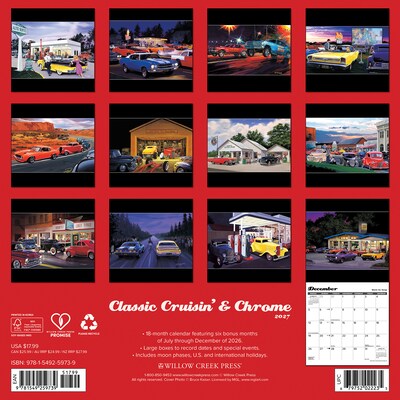 2027 Willow Creek Classic Cruisin & Chrome 12 x 12 Monthly Wall Calendar, Assorted Colors (59739)