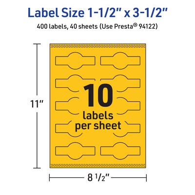 Avery Laser/Inkjet Cigar Multipurpose Labels, 1.5" x 3.5", Bright Yellow, 400/Pack (94122)
