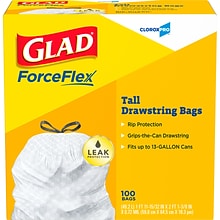 Glad 13 Gallon Trash Bag, 8.5x8.5, Low Density, .72 mil, White, 100 Bags/Box (CLO 78526)