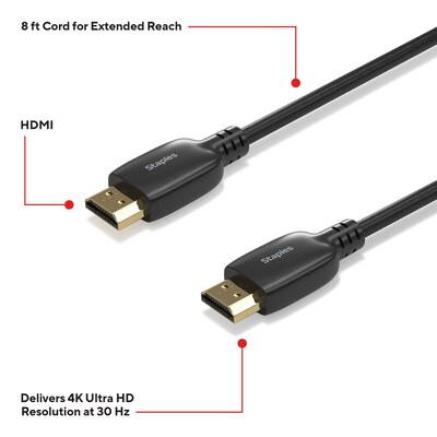 Staples TECH 8 ft. HDMI to HDMI Audio/Video Cable, Male to Male, Black (ST62467)