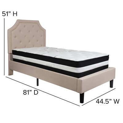 Flash Furniture Brighton Tufted Upholstered Platform Bed in Beige Fabric with Pocket Spring Mattress, Twin (SLBM1)