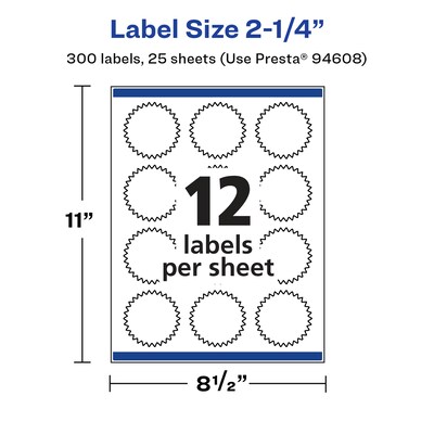 Avery Laser/Inkjet Multipurpose StarburstLabels, 2.25" Dia, Glossy White, 300/Pack (94608)