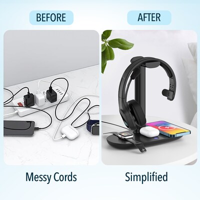 Delton 20X Noise Canceling Bluetooth Mono Computer Headset With HS1 Wireless Charging Station, Black (DHSWC120XD)