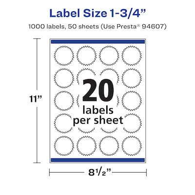 Avery Starburst Laser/Inkjet Burst Multipurpose Labels, 1.75" Dia., White, 1000 Labels/Pack (94607)