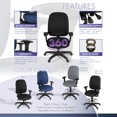 Regency Comfort Series Armless Ergonomic Fabric Swivel Task Chair, Black (125-BK)