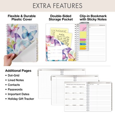 2027 Excello Brands 7" x 9" Weekly & Monthly Standard Planner, Plastic Cover, Watercolor Butterflies (ESPRO-CY27-79-33)