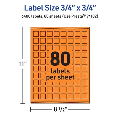 Avery Laser/Inkjet Multipurpose Square Labels, 0.75" x 0.75", Bright Orange, 6400/Box (94102)