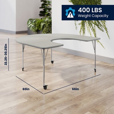 Flash Furniture Wren Horseshoe Activity Table, 66" x 60", Height Adjustable, Light Gray Top/Silver Frame (XUA6066HRSLGTAC)