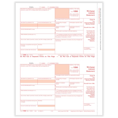 ComplyRight 2024 1098 Tax Form, 1-Part, 2-Up, Copy A, 25/Pack (515025)