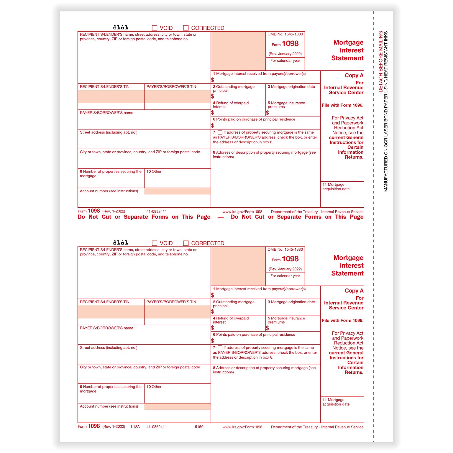 ComplyRight 2024 1098 Tax Form, 1-Part, 2-Up, Copy A, 25/Pack (515025)