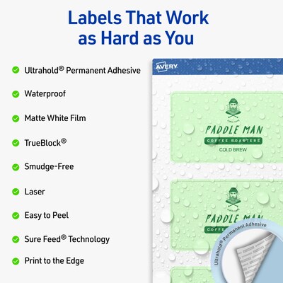Avery Waterproof Rectangle Laser Multipurpose Labels, 2.5 x 7, White, 75/Pack (19479399329)