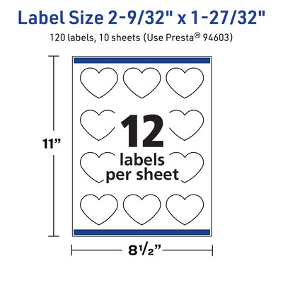 Avery TrueBlock Heart Shaped Laser/Inkjet Multipurpose Labels, 2-9/32" x 1-27/32", White, 120/Pack (94603)