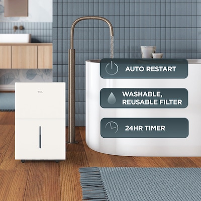 TCL 25-Pint Portable Dehumidifier, WiFi Enabled, 3-Speed, Covers up to 2000 sq. ft., White (T25DC9R)