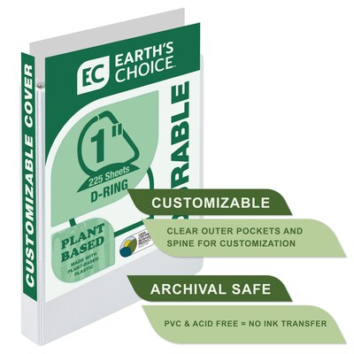 Samsill Earth's Choice Plant-Based Heavy Duty 1" 3-Ring View Binders, D-Ring, White (16937)