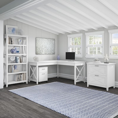 Bush Furniture Key West 60W L Shaped Desk with File Cabinets and 5 Shelf Bookcase, Pure White Oak (