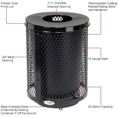 Global Industrial Outdoor Diamond Steel Trash Can w/ Flat Lid & Base, 36 Gallon, Black (261924BKD)