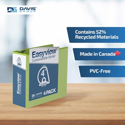 Davis Group Easyview Premium 4" Angle D Ring, Customizable, View Binder, Lime Green, 4/Pack (8406-24)