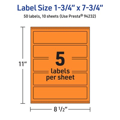 Avery Laser/Inkjet Multipurpose Rectangle Labels, 1.75" x 7.75", Bright Orange, 50/Pack (94232)