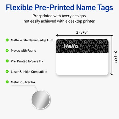Avery Adhesive Name Tags, Pre-printed Silver/Black Hello Design