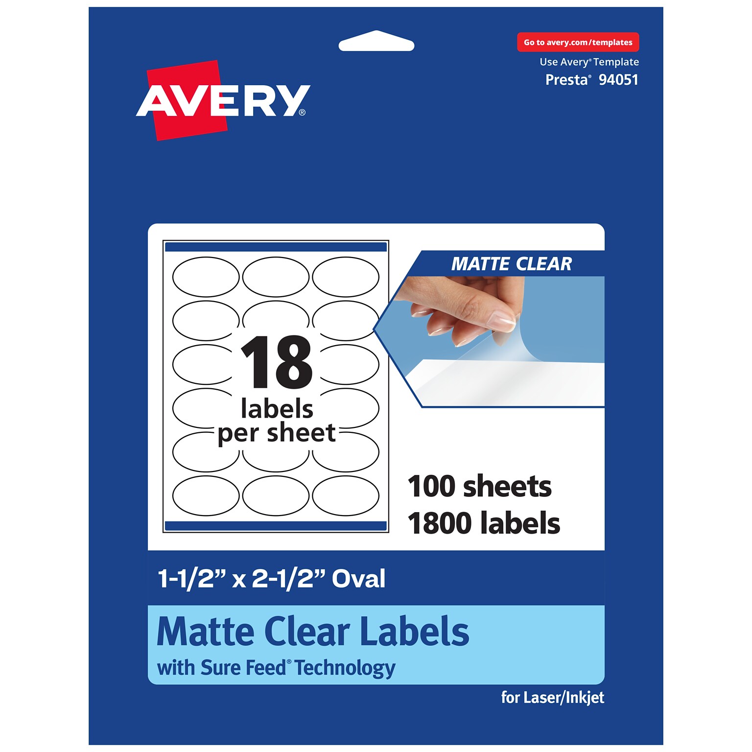 Avery Laser/Inkjet Oval Multipurpose Labels, 1-1/2 x 2-1/2, Clear, 1800/Box (94051)