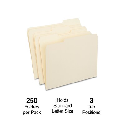 Staples 30% Recycled File Folders, 1/3-Cut Tab, Letter Size, Manila, 250/Box (ST56673-CC)