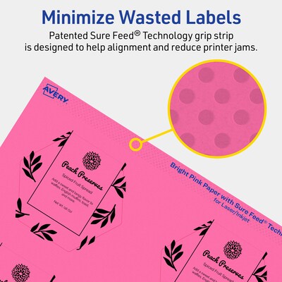 Avery Hexagon Laser/Inkjet Multipurpose Labels, 2-1/2" x 2-57/64", Bright Pink (240/Box)