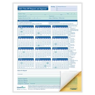 ComplyRight 2023 2-Part Time Off Request and Approval Form, Pack of 50 (A0030)