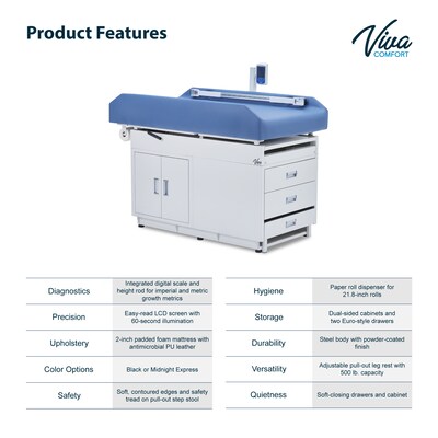 Viva Comfort Grande PU Leather Pediatric Exam Treatment Digital Scale Table, 500 lb. Capacity, Blue (996-09-PSBBLUMK)