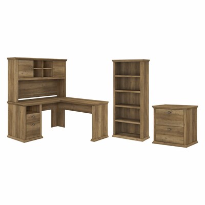 Bush Furniture Yorktown 60 L-Shaped Desk with Hutch, Lateral File Cabinet and 5 Shelf Bookcase, Reclaimed Pine (YRK003RCP)