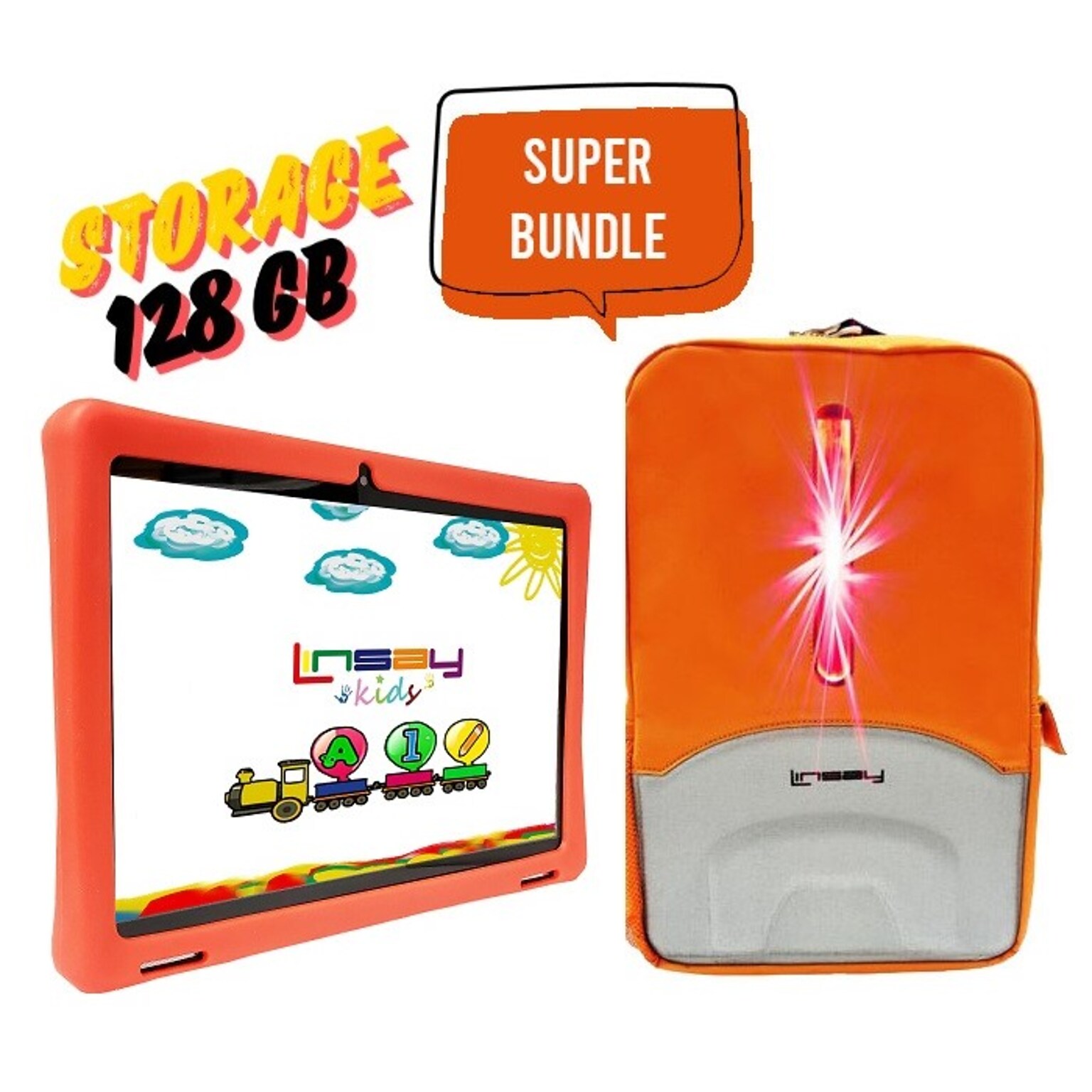 Linsay Octa Core 10.1 Tablet, 4GB RAM, 128GB Storage, Android 13, Bundled with Red Kids Defender Case, Earphones, Backpack