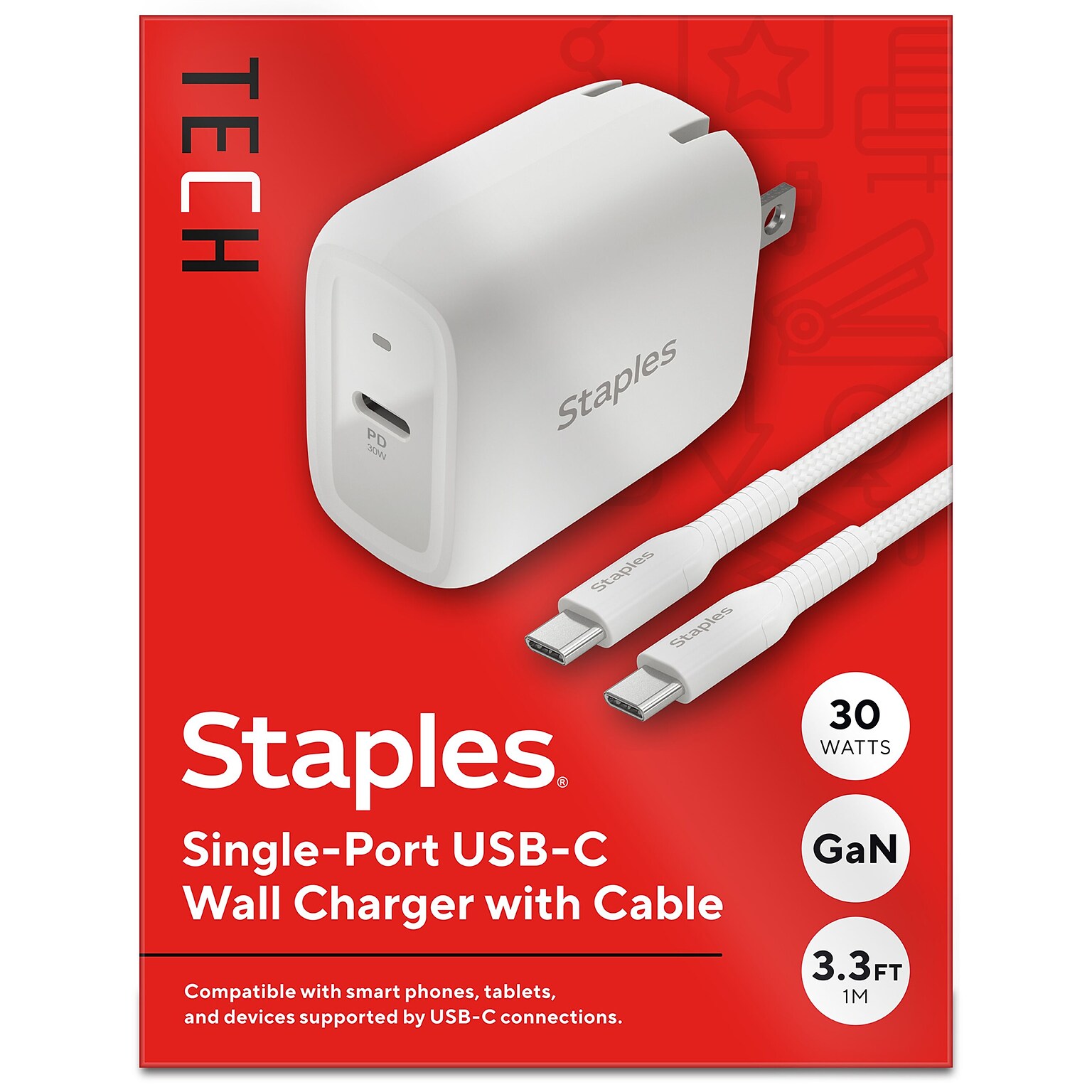 Staples TECH GaN USB-C Wall Charger with Cable, White (ST62325-CC)