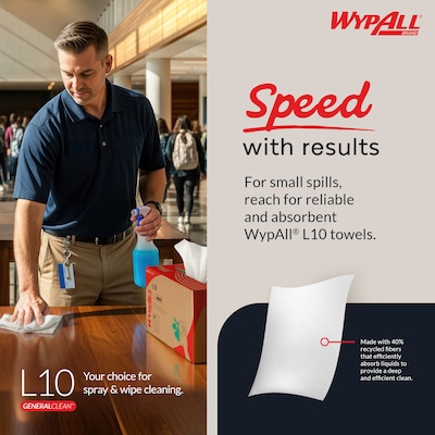 WypAll GeneralClean L10 Fabric Cleaning Wipers, 10.25" x 9", White, 250 Wipers/Box (42346)