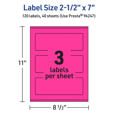 Avery Rectangle Laser/Inkjet Multipurpose Labels, 2.5" x 7", Neon Magenta (120/Box)
