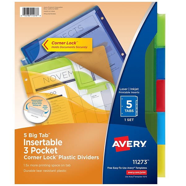 Avery Big Tab 3 Pocket Insertable Plastic Dividers, 5-Tab, Multicolor (11273)