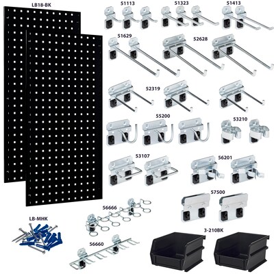 Triton Products LocBoard Pegboards with 30 pc. LocHook Assortment and Hanging Bin System (LB18-BKKit)