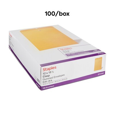 Staples 12 x 15.5 Clasp & Moistenable Glue Kraft Catalog Envelopes, Brown, Heavy-Duty Mailing Envelopes for Documents, 100/Box