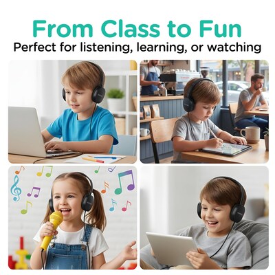 VentureX K22 Stereo Kids Learning Phone & Computer Headphone, 3.5mm & USB-C Adapter, Black, 50/Pack (VHPK22BD1M50)