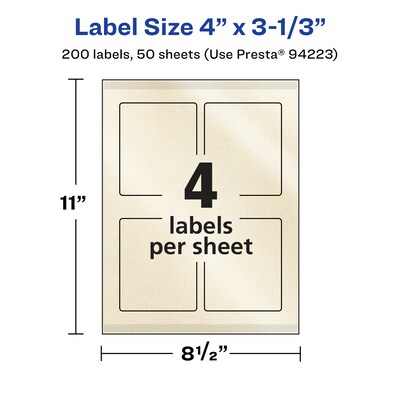 Avery Pearlized Ivory Rectangle Multipurpose Labels, 4" x 3-1/3", Ivory, 200/Box (94223)