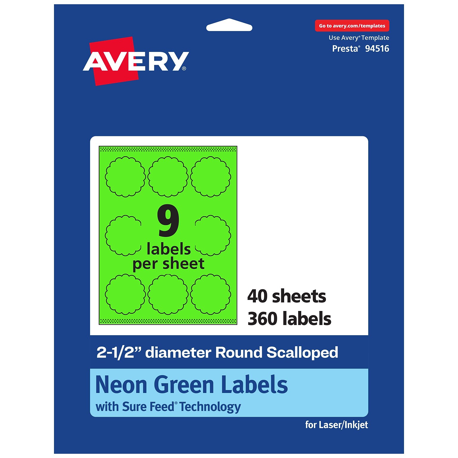 Avery Decorative Edge Multipurpose Labels, 2.5 Dia., Neon Green, 360/Pack (94516)