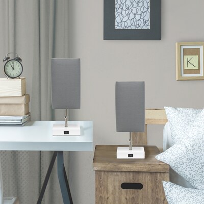 Simple Designs Petite White Stick Lamp with USB Charging Port and Fabric Shade, Gray, 2/Pack (LC2004-GOW-2PK)